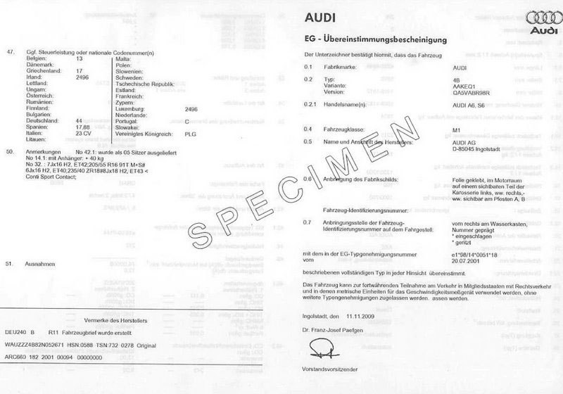 Certificat de Conformité Audi  pour voiture importée