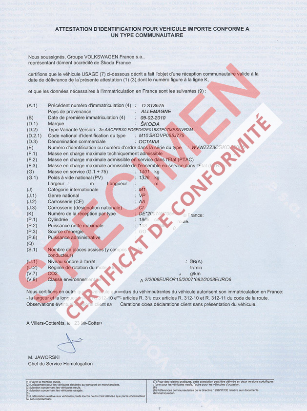 Certificat de conformité européen Volkswagen France 