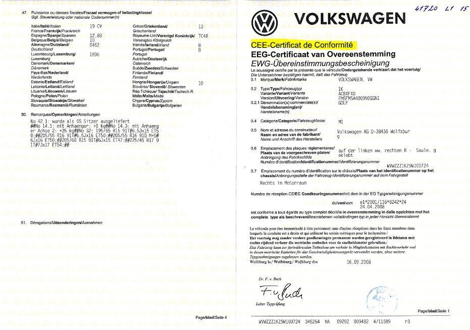 Certificat de conformité COC groupe Volkswagen