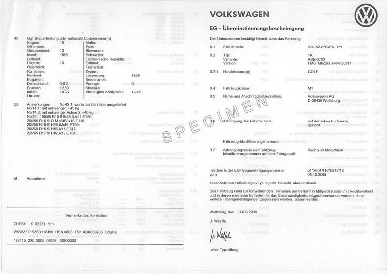 Certificat de conformité Volkswagen