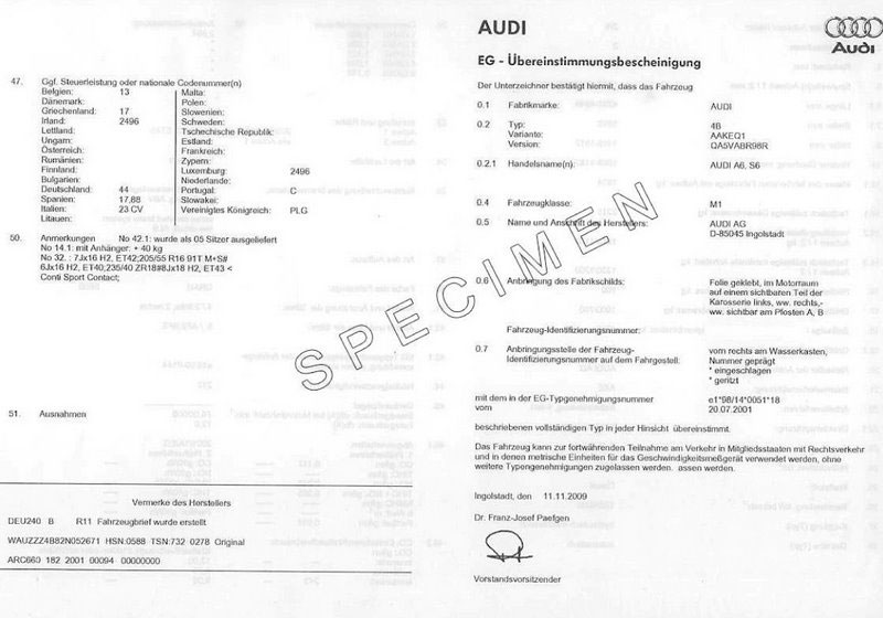 Exemple certificat de conformité Audi A8