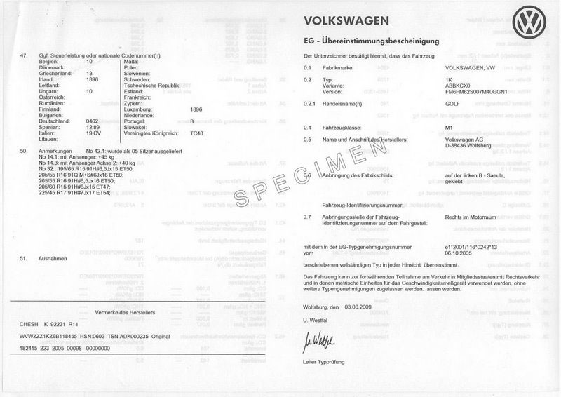 Exemple certificat de conformité VW Touareg